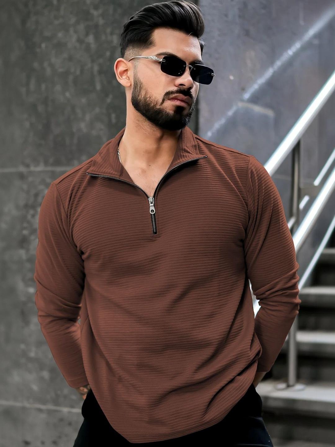 Men Self Design Regular Fit Polo Neck Half Zipper Long Sleeves Henley Neck T-shirt